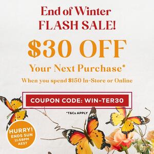 ❄️ FLASH SALE! SAVE $30 ON YOUR NEXT PURCHASE! ❄️
 
Save $30 when you spend $150 in-store or online.* HURRY! Ends Sunday 1st September, 11:59PM AEST.
 
Use Coupon Code: WIN-TER30
 
To claim this discount, simply apply the Coupon Code at the online checkout or display at checkout in-store. Shop the sale now.

*T&Cs Apply - OFFER EXCLUDES KEY ACCOUNTS
.
.
.
#koch #kochandco #discount #coupon #couponing #couponcommunity #couponingcommunity #floristaustralia #floristryaustralia #flashsale #discountcode