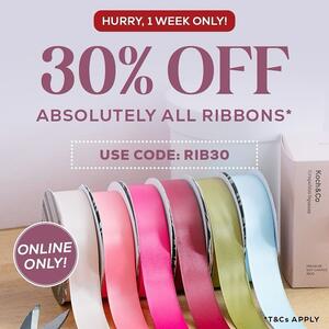 🔥🎀 30% OFF ABSOLUTELY ALL RIBBONS 🎀🔥
 
Get an EXTRA 30% OFF ALL RIBBONS SITEWIDE!* HURRY! Ends Tuesday, 6th August, 11:59PM AEST.
 
Use Coupon Code: RIB30
 
To claim this discount, simply apply the Coupon Code at the online checkout. Shop the sale online now.
 
*T&Cs Apply.
.
.
.
#koch #kochandco #discount #coupon #couponing #couponcommunity #couponingcommunity #ribbon #wholesaleribbon #floristaustralia #floristryaustralia