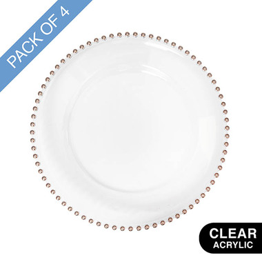 Party & Balloons - Charger Plates - Charger Plate w Rose Gold Beaded Edge Pack 4 Clear (32cmD)