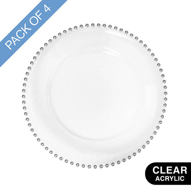 Party & Balloons - Charger Plates - Charger Plate w Silver Beaded Edge Pack 4 Clear (32cmD)