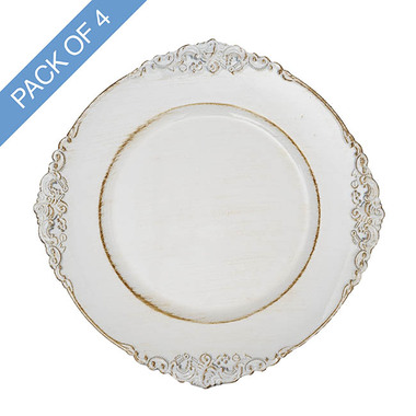 Party & Balloons - Charger Plates - Vintage Charger Plate Pack 4 Antique Washed White (35.5cmD)