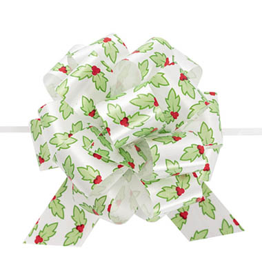 Ribbon Fabric - 23 - Christmas Bows - Ribbon Pull Bow Pom Pom Holly White Green (30mmx12.5cm) Pk5