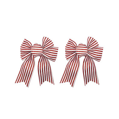 Ribbon Fabric - 23 - Christmas Bows - Pre-Made Ribbon Bow Linen Stripe Pk2 Red White (15Wx21Lcm)