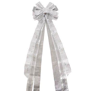 Ribbon Fabric - 23 - Christmas Bows - Pre-Made Bow Luxury Tree Topper White & Silver (33Wx113Lcm)