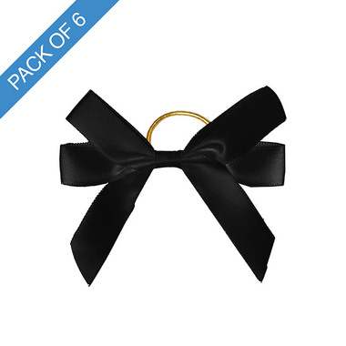 Pre-Made Ribbon Bows - Pre-Made Bow Satin 15mm & Elastic Loop Pk6 Black (10*8cm)