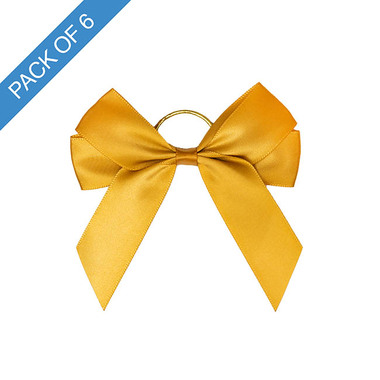 Pre-Made Ribbon Bows - Pre-Made Bow Satin 25mm & Elastic Loop Pk6 Gold (10*11cm)