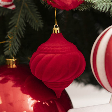 Christmas Baubles - Hanging Flocked Onion Pack 3 Red (8x10cmH)