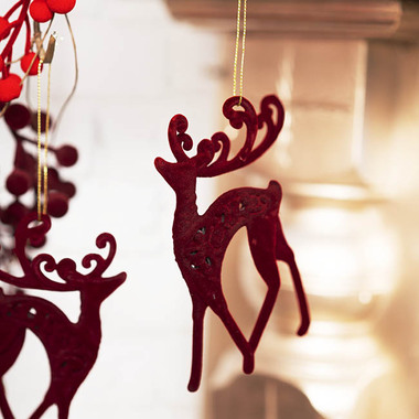 Gift Seasonal - Christmas Tree Decorations - Hanging Flocked Reindeer Pack 3 Burgundy (6x13cmH)