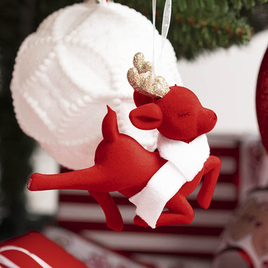 Gift Seasonal - Christmas Tree Decorations - Hanging Reindeer w White Scarf Pack 3 Red (10x10.5cmH)