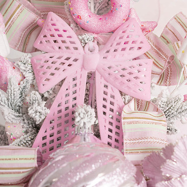 Gift Seasonal - Christmas Tree Decorations - Hanging Flocked Bow Pink (16.5x24cmH)