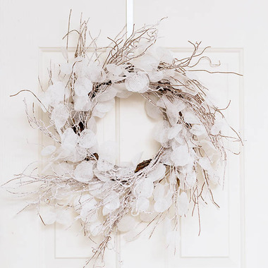 Gift Seasonal - Christmas Wreath - Elegant Snow Twig & Lunari Leaf Wreath White (60cmD)