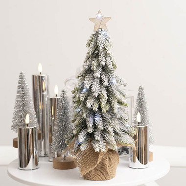 Gift Seasonal - Tabletop Christmas Trees - Snow Pine LED Burlap Table Top Tree w Star White (40cmH)