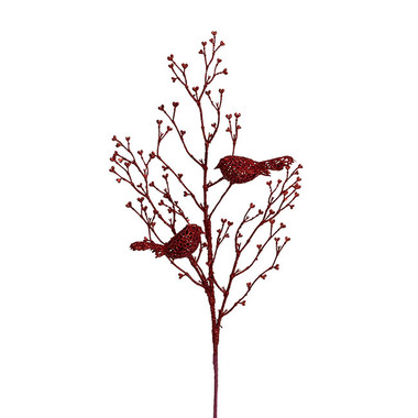 Christmas Flowers & Greenery - Glitter Twig Spray w Bird Red (61cmH)