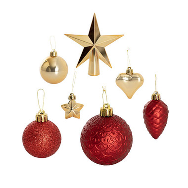 Christmas Baubles - Assorted Mini Baubles w Star Topper Set 19 Red & Gold