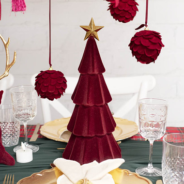 Gift Seasonal - Tabletop Christmas Trees - Flocked Table Top Tree w Gold Star Burgundy (38cmH)