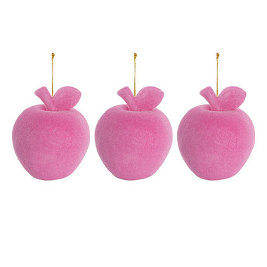 Gift Seasonal - Christmas Tree Decorations - Hanging Flocked Apples Pack 3 Pink (8x9.5cmH)