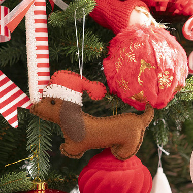 Gift Seasonal - Christmas Tree Decorations - Hanging Dachshund Dog w Hat Pack 2 Brown (13.5x10cmH)