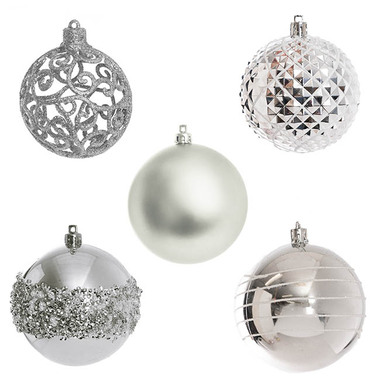 Christmas Baubles - Decorative Assorted Hanging Baubles Set 30 Silver (8cmD)