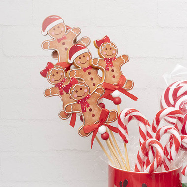 Christmas Picks - Assorted Gingerbread Man Picks Set 6 Red (30cmH)