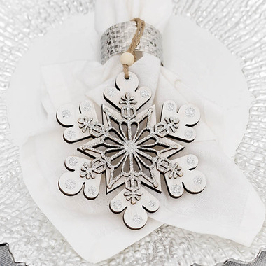 Gift Seasonal - Christmas Tree Decorations - Hanging Wooden Snowflake Pack 2 White & Silver (12cmH)