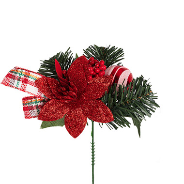 Christmas Picks - Poinsettia Bauble Ribbon Pick Pack 3 Red (17.5cmH)