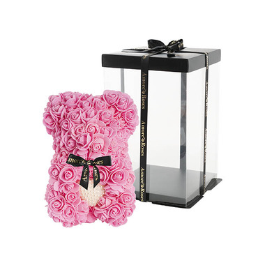 Rose Bears - Amore Rose Bear w Pearl Heart & Black Bow Pink (25cmH)