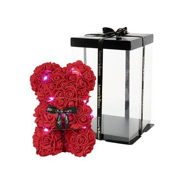 Rose Bears - Amore Rose Bear LED w Black Bow Red (25cmH)
