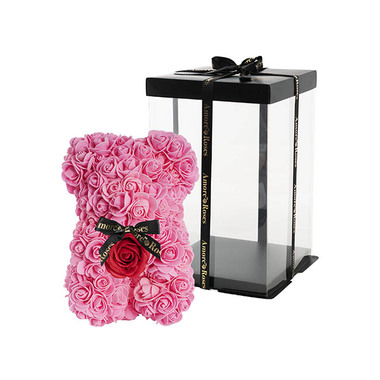 Rose Bears - Amore Rose Bear w Red Flower & Black Bow Pink (25cmH)