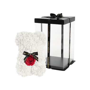 Rose Bears - Amore Rose Bear w Red Flower & Black Bow White (25cmH)