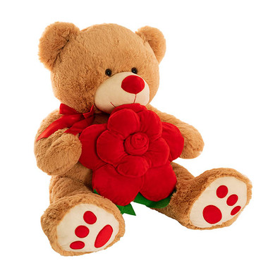 Giant Teddy Bears - Teddy Bear Kev w Red Bow & Rose Plush Toy Brown (55cmST)