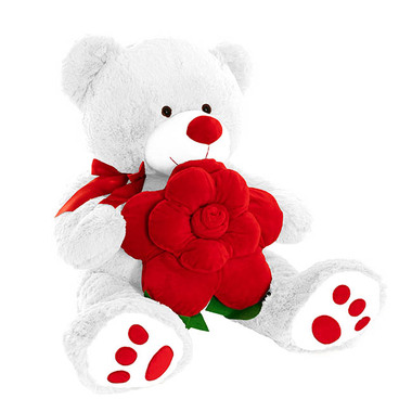 Giant Teddy Bears - Teddy Bear Kev w Red Bow & Rose Plush Toy White (55cmST)