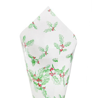 Wrap C 040 - Christmas Cello - Cello Clear Christmas Holly Leaves 40mic (50x70cm) Pack 100