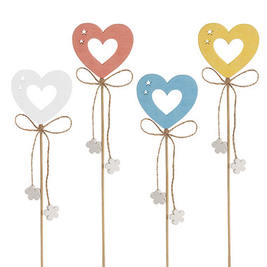 Wooden Picks - Pick Wooden Heart with Flowers Assorted Pack 12 (7cmx28cmH)