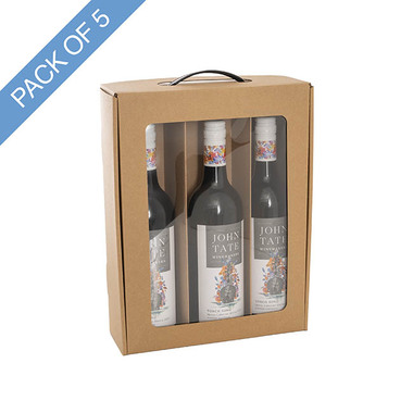 Wine Gift Boxes - Wine Window Carry Box 3 Bottles Kraft Pack 5 (25x9x34cmH)