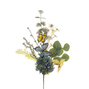 Gift Seasonal - Easter Wreaths & Garlands - Butterfly Hydrangea Fern Spray Blue & Yellow (55cmH)