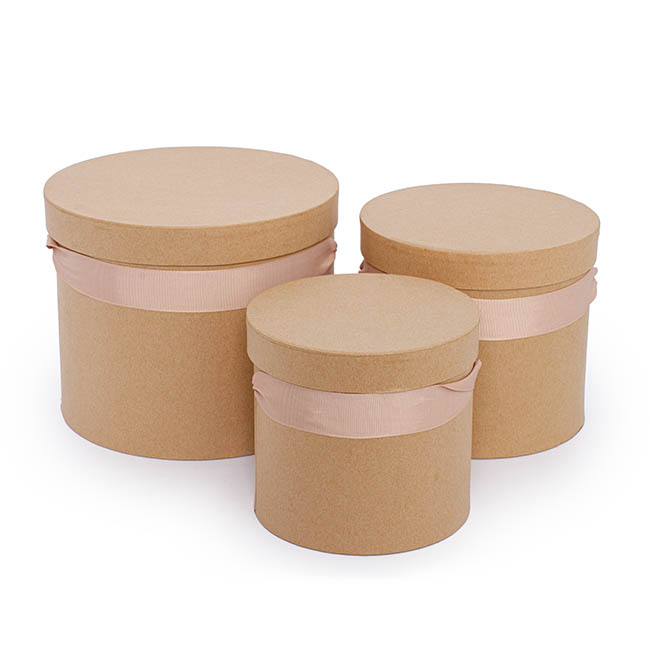 Flower Cylinder Hat Box Set 3 Brown Kraft (18.5cmx15cmH)