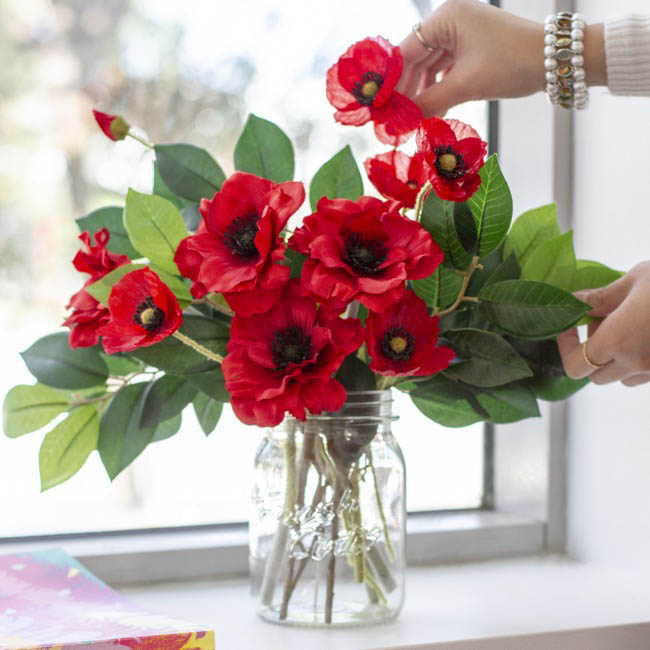 Poppy Flower Stem With Black Centre Red 60cmh